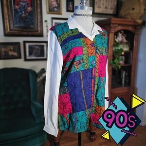 Via Sant Andrea Patchwork Blouse Vintage 90s White Long Sleeve Button Shirt Top